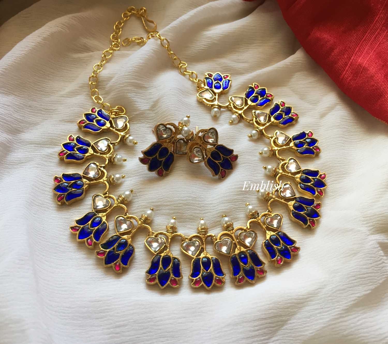 Kundan Jadau heart  Lotus Neckpiece - Royal Blue
